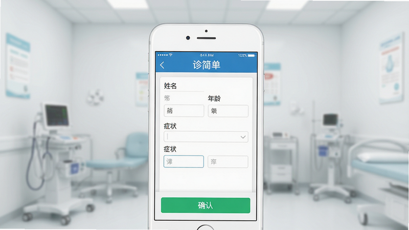主体为一部白色智能手机,屏幕居中显示“诊简单”APP界面,界面顶部为蓝色导航栏,中间为简洁的病历录入表单,包含姓名、年龄、症状等输入框,底部为绿色确认按钮。布局采用垂直居中排版,背景为干净的浅灰色医疗环境虚化效果。风格为现代扁平化UI设计,细节清晰,文字“诊简单”清晰可见,画质高清,干净,无多余元素