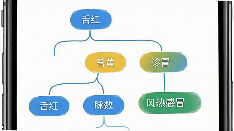 主体为手机界面,显示中医辨证树状图,节点包括“舌红”、“苔黄”、“脉数”,连接至“风热感冒”诊断结果。布局为树状结构,节点用不同颜色区分,蓝色代表症状,绿色代表诊断。风格简约医疗风,背景纯白,细节线条流畅,画质高清,干净,无多余元素