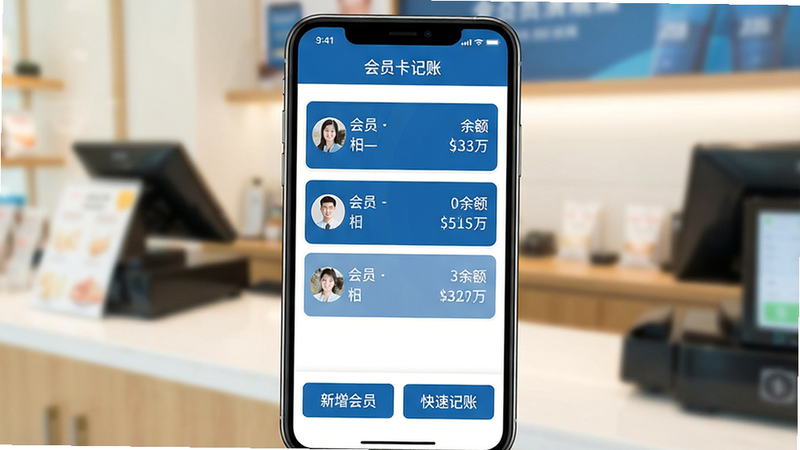 一张清晰展示手机屏幕界面的图片,应用名为“会员卡记账”,界面设计简洁现代,主色调为商务蓝与白色,屏幕中央显示会员列表卡片,包含会员姓名、余额、最近消费时间等字段,底部有“新增会员”、“快速记账”两个醒目按钮,背景为虚化的店铺柜台场景,光线明亮,高清,无多余元素