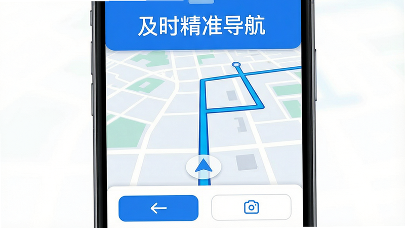 主体为手机屏幕界面,显示着一条清晰的蓝色导航路线,背景是简洁的城市地图,顶部有“及时精准导航”字样,底部有简洁的操作按钮,整体风格扁平化,色彩以蓝白为主,干净无多余元素,高清画质,无文字水印