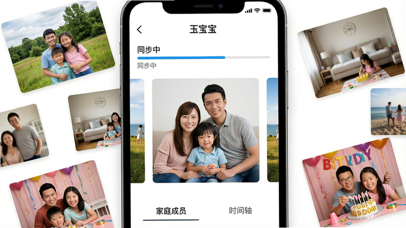 一张展示手机云同步界面的图片,主体是“玉宝宝”APP的相册页面。画面中心是一个家庭合照的缩略图,周围散落着多张不同场景的照片(如户外、室内、生日派对)。上方有一条进度条显示“同步中”,下方有“家庭成员”、“时间轴”筛选标签。背景为纯白色,突出内容,风格现代简约,高清无噪点。