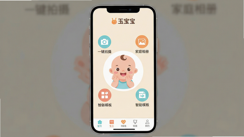 一张展示手机APP界面的图片,主体是“玉宝宝”APP的主界面,布局简洁温馨,背景为浅米色。屏幕中央显示一个可爱的婴儿卡通形象正在拍手,周围环绕着“一键拍摄”、“家庭相册”、“智能模板”等圆形功能图标。界面顶部有“玉宝宝”Logo,底部有导航栏。整体风格扁平化,色彩柔和,画质高清,无多余元素,文字清晰。
