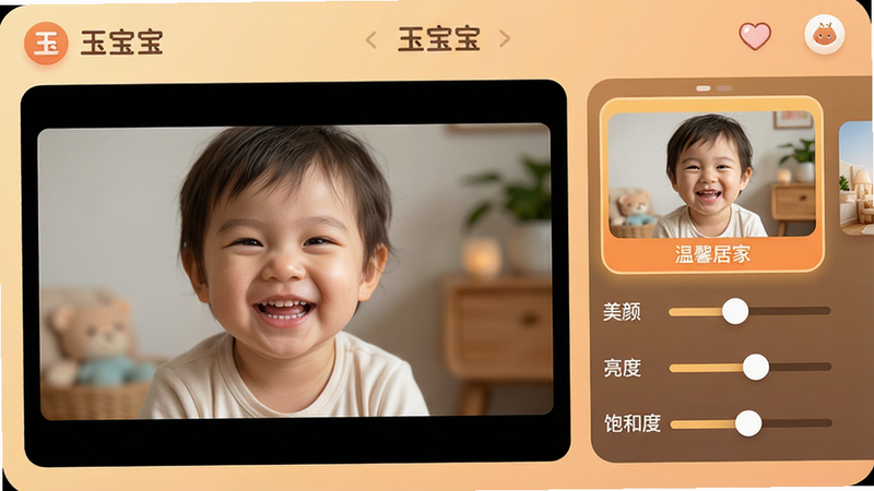 一张展示视频编辑界面的图片,主体是“玉宝宝”APP的编辑页。左侧是视频预览窗口,显示一个笑容灿烂的小孩。右侧是滤镜选择栏,高亮显示“温馨居家”滤镜,下方有“美颜”、“亮度”、“饱和度”滑块。界面色调温暖,图标设计圆润可爱,整体布局清晰,画质细腻,无文字水印。