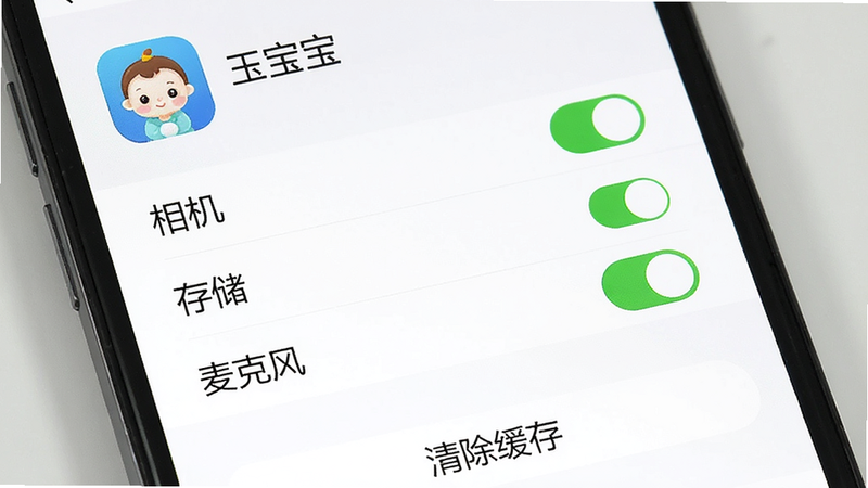 一张展示手机设置界面的图片,主体是“玉宝宝”APP的权限设置页。列表显示“相机”、“存储”、“麦克风”权限均已开启(绿色开关)。上方有“玉宝宝”应用图标和名称。下方有“清除缓存”按钮。背景为白色,界面简洁,图标标准,高清无模糊。