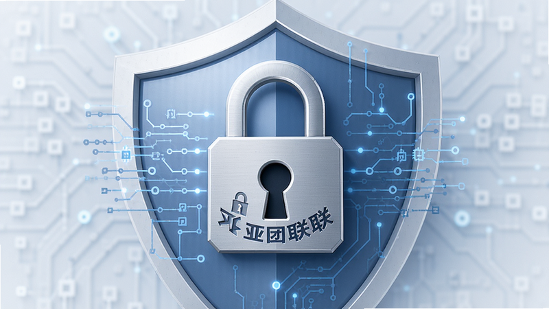 主体为亚团联的安全锁图标与数据盾牌背景,布局居中对称,风格稳重可靠,细节体现加密算法的线条装饰,画质高清,干净无杂乱元素