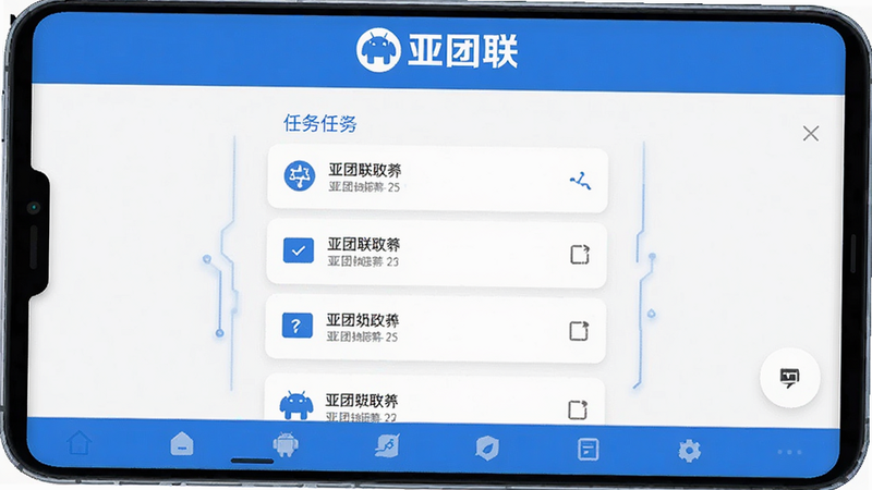 主体为亚团联安卓应用的主界面截图,布局清晰,顶部显示“亚团联”Logo,中间为任务列表区域,底部为导航栏。排版整洁,风格为扁平化设计,细节处体现科技感,蓝色为主色调,画质高清,干净无多余元素