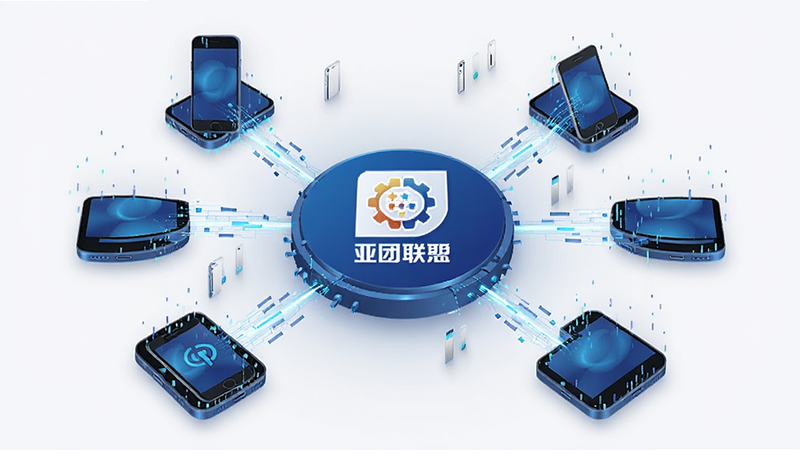 主体为亚团联的数据同步示意图,中心为亚团联图标,四周连接不同手机设备图标,布局呈辐射状,风格科技感强,细节处有数据流动的光效,画质清晰,干净简洁