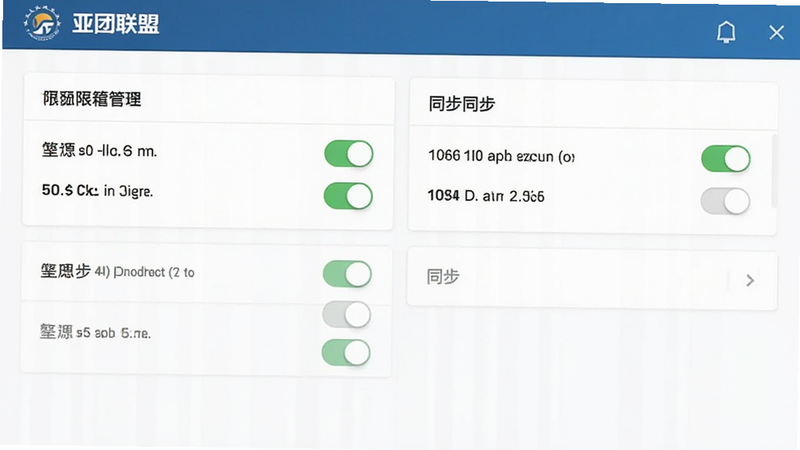 主体为亚团联的设置界面截图,展示权限管理与同步选项,布局清晰,风格简洁,细节处有开关按钮状态,画质清晰,干净背景