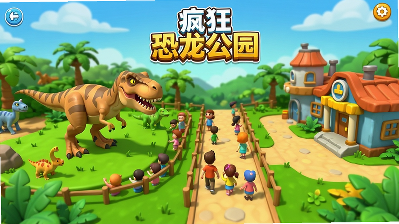 主体为《疯狂恐龙公园》游戏主界面全景图,布局采用横向卷轴式场景,左侧为恐龙活动区,中间为游客通道,右侧为管理建筑。排版清晰,色彩明亮鲜艳,以绿色植被和蓝天为背景。细节展示一只霸王龙在草地上漫步,周围有游客在观看。风格为3D卡通渲染,画质高清,干净无多余元素,突出“疯狂恐龙公园”字样。