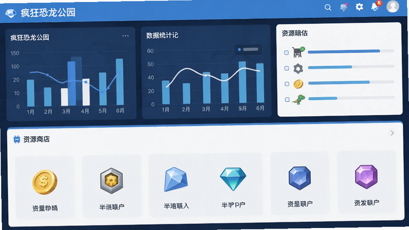 主体为《疯狂恐龙公园》后台管理界面截图,布局分为上下两部分,上部为数据统计图表,下部为资源商店。排版整齐,图标清晰。风格为扁平化UI设计,色调以蓝白为主。细节展示金币、钻石等资源图标。画质高清,干净,无多余装饰。