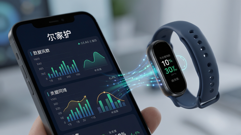 尔家护App数据同步界面特写,展示手机与智能手环连接示意,背景虚化,主体突出数据流动的动态效果,排版整齐,字体清晰,风格科技感,细节展示数据图表,画质高清,干净