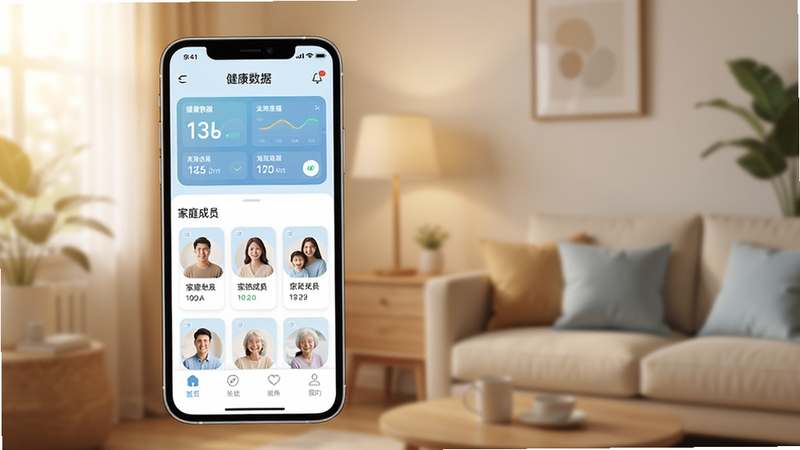 一张展示尔家护App主界面的高清预览图,主体为手机屏幕,背景为温馨的家居环境,布局清晰,顶部显示健康数据仪表盘,中间区域展示家庭成员卡片,底部为导航栏,风格现代简约,色调以暖白和淡蓝为主,细节丰富,画质4k,干净无多余元素