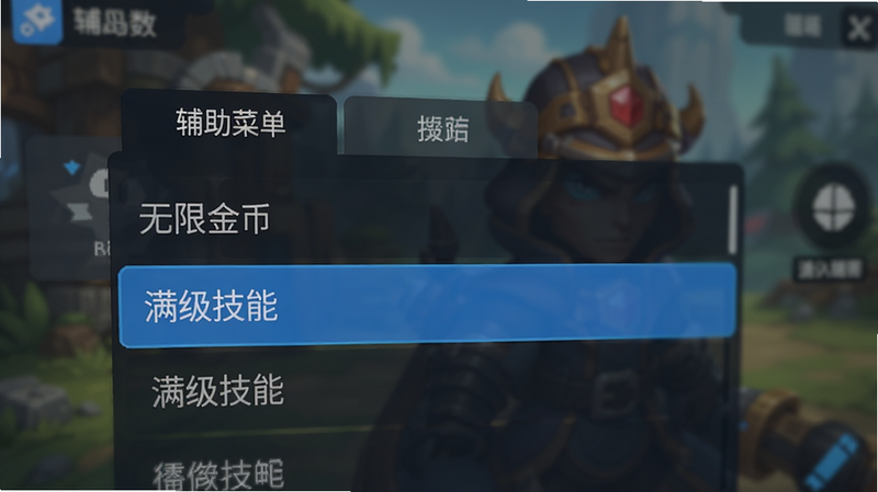 游戏设置界面特写,显示“辅助菜单”选项卡,列表中包含“无限金币”、“满级技能”等中文选项,背景虚化,突出菜单文字,UI风格扁平化,蓝色选中高亮,清晰易读