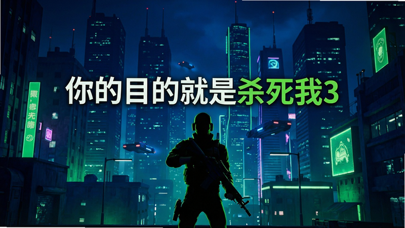 游戏主界面全景展示,中央显示标题“你的目的就是杀死我3”,背景为霓虹风格的赛博朋克城市夜景,前景有手持枪械的角色剪影,整体色调为深蓝与荧光绿对比,高清渲染,无多余元素,干净利落