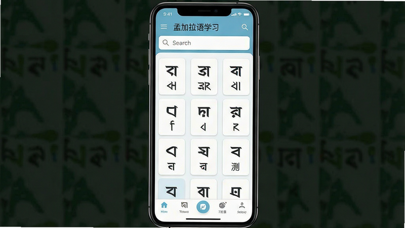 一张高清手机应用界面截图,主体是“孟加拉语学习”App的主屏幕,布局清晰,顶部为搜索栏,中间展示孟加拉文字母卡片和中文释义,底部为导航栏,风格简约现代,色调以白色和浅蓝色为主,细节精致,画质高清,干净,无多余元素
