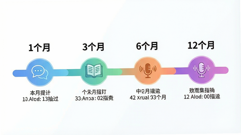 一张时间轴图表,标注“1个月”、“3个月”、“6个月”、“12个月”四个节点,每个节点配有对应的能力描述图标(如对话气泡、书本、麦克风),色彩渐变,风格简洁,细节清晰,画质高,干净,无多余元素