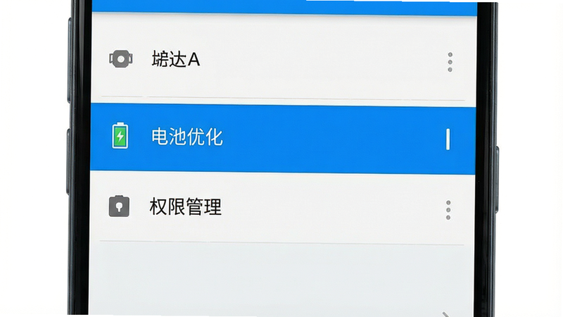 一张手机设置界面的示意图,高亮显示“电池优化”和“权限管理”选项,背景为安卓系统默认风格,文字清晰,布局规整,风格写实,细节准确,画质高,干净,无多余元素