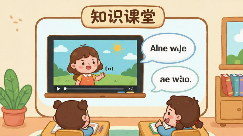 主体为卡通风格的英语学习场景,布局呈现互动式界面,排版活泼,风格温馨可爱,细节展示一个正在播放的英语动画片段和对应的单词气泡,画质细腻,干净,无多余元素,文字标注“知识课堂”