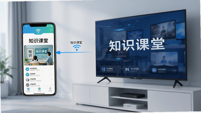 主体为电视屏幕与手机连接示意图,布局展示投屏过程,排版简洁,风格现代科技,细节显示手机上的“知识课堂”画面同步至电视,画质高清,干净,无多余元素,文字标注“知识课堂”