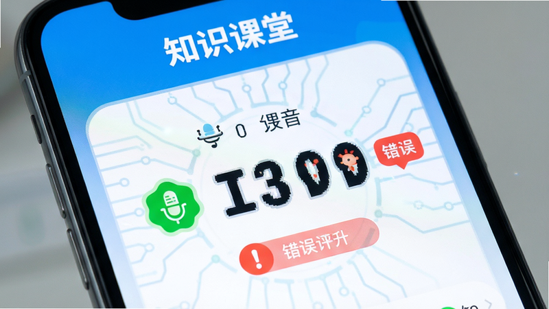 主体为手机屏幕特写,显示“知识课堂”的发音评分界面,布局居中突出分数,排版简洁,风格科技感与童趣结合,细节显示绿色的正确发音标识和红色的错误提示,画质清晰,干净,无多余元素,文字标注“知识课堂”