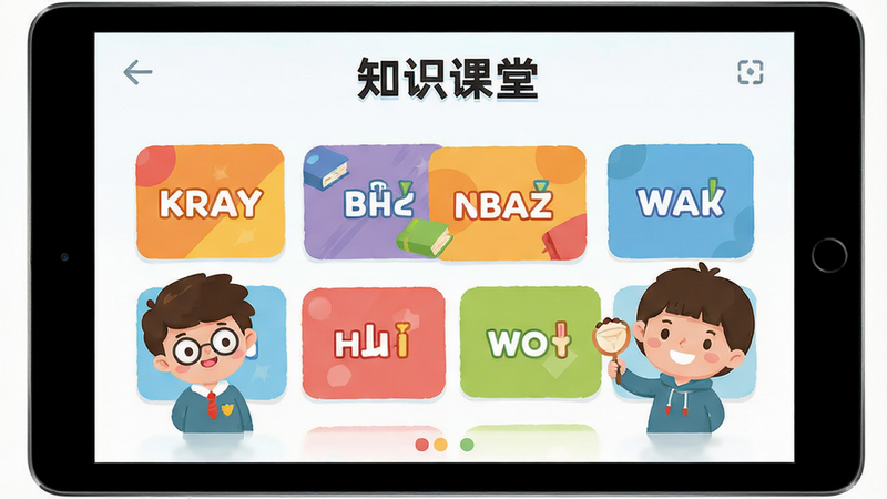 主体为平板电脑屏幕,显示“知识课堂”APP界面,布局清晰,排版整齐,风格为扁平化卡通设计,细节包含色彩鲜艳的英语单词卡片和卡通人物,画质高清,干净无多余元素,文字标注“知识课堂”
