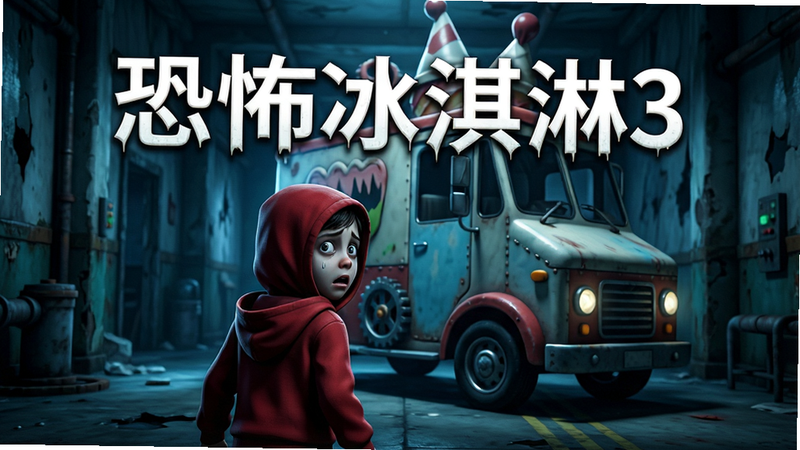 一张高清游戏宣传图,主体为穿着红色连帽衫的小孩背影,正回头惊恐地看着前方巨大的机械冰淇淋车,背景是阴暗破旧的工厂走廊,冷色调光影,恐怖悬疑风格,画面中心清晰显示文字“恐怖冰淇淋3”,细节丰富,画质清晰,无多余装饰