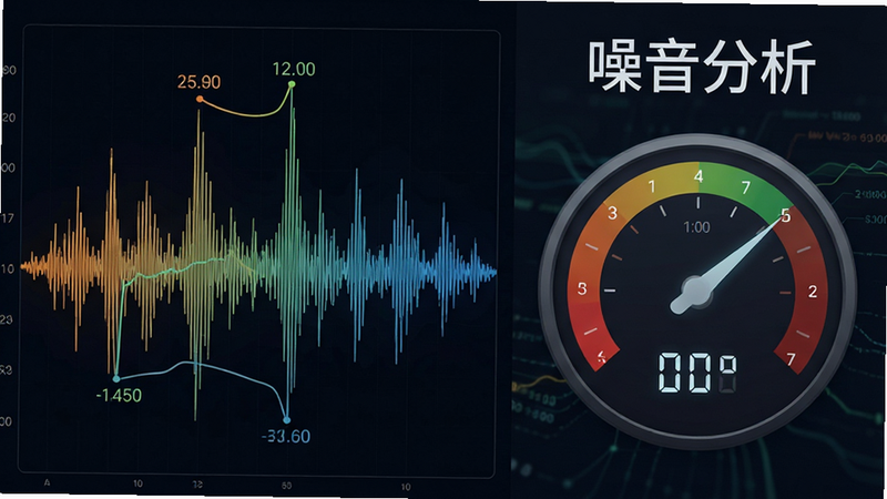 主体为声波波形图与噪音分贝仪表盘,布局左右分布,左侧为波形,右侧为数值,排版紧凑,风格为数据可视化风,细节展示峰值标记,画质高保真,干净,无多余元素,文字“噪音分析”清晰