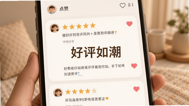 主体为用户评价界面,展示五星好评与文字评论,布局为卡片流,排版温馨,风格为社交分享风,细节显示点赞图标,画质柔和,干净,无多余元素,文字“好评如潮”居中