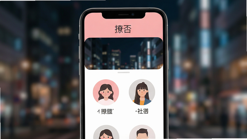 一张现代简约风格的智能手机屏幕截图,屏幕中央显示“撩否”应用的主界面,界面设计清新,主色调为柔和的粉色与白色,展示着几个圆形的用户头像卡片,卡片下方有简短的趣味标签文字,背景为模糊的都市夜景,突出社交连接的温馨感,4k高清,扁平化设计,无多余元素