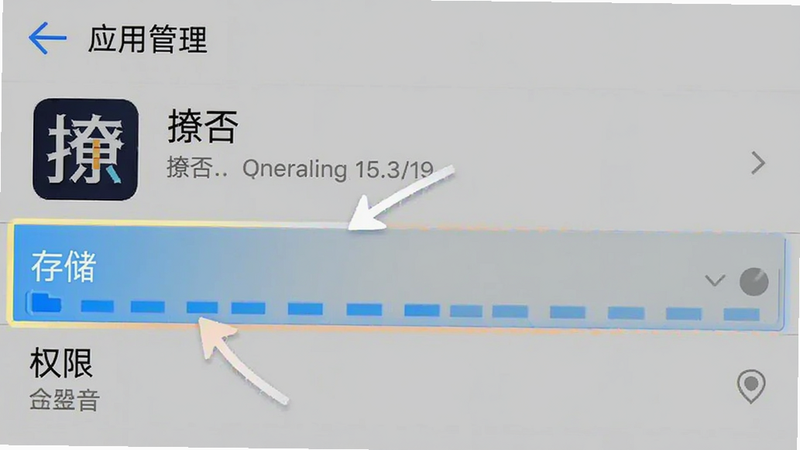手机设置界面截图,显示“应用管理”中的“撩否”应用详情页,重点高亮显示“存储”和“权限”选项,界面简洁,文字清晰,背景为白色,突出操作指引,扁平化UI,无干扰元素