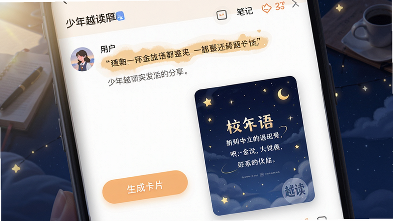 主体为“少年越读”APP的笔记与分享界面,屏幕显示用户标记的金句段落,下方有“生成卡片”按钮,卡片预览图展示了带有水印的精美语录海报,背景为深蓝色夜空,点缀着星光,布局聚焦于分享功能,风格温馨且富有创意,细节处可见柔和的光晕效果,画质高,干净利落