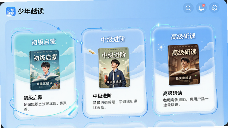 主体为“少年越读”APP的个性化推荐页面,界面分为多个卡片区域,每个卡片展示不同难度的书籍推荐,如“初级启蒙”、“中级进阶”、“高级研读”,卡片上有书籍封面和简短描述,背景为浅蓝色渐变,布局模块化,风格科技感与人文感结合,细节处可见流畅的线条装饰,画质清晰,无杂乱元素