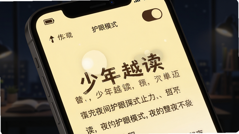 主体为“少年越读”APP的夜间护眼模式界面,屏幕显示淡黄色的阅读背景,文字为深褐色,对比度适中,顶部有电池图标和护眼模式开关状态,背景为深色模糊处理,布局简洁,风格柔和舒适,细节处可见柔和的光线扩散效果,画质清晰,无刺眼反光