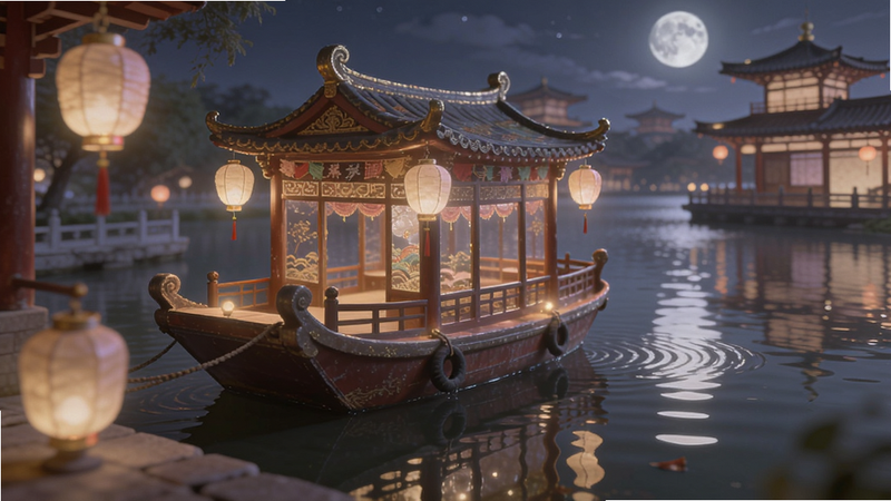 主体为夜晚的长安城曲江池,布局为近景特写,一艘装饰华丽的画舫停泊在岸边,周围有灯笼点缀,水面倒映着月光和建筑。风格为梦幻唯美插画风,细节刻画灯笼的光晕和水的波纹。画质8K超清,色调柔和,无多余文字,纯净画面。