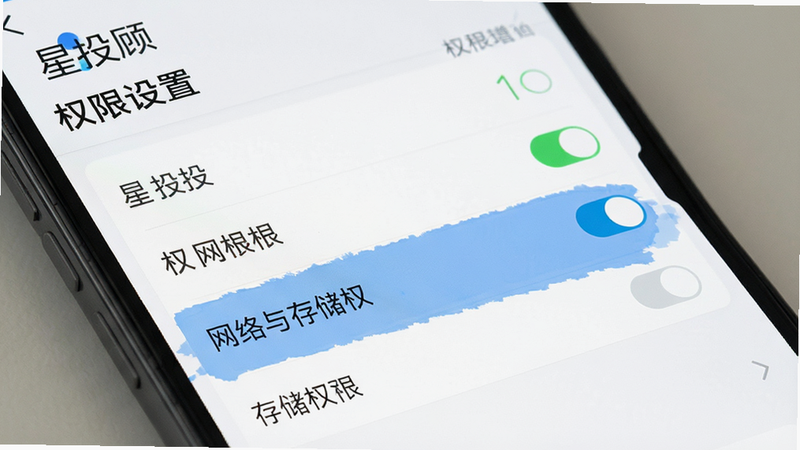 主体为手机设置界面截图,布局展示权限管理列表,高亮显示网络与存储权限,排版清晰,风格为简约UI设计,细节包含开关状态图标,画质高清,干净,无多余元素,文字包含