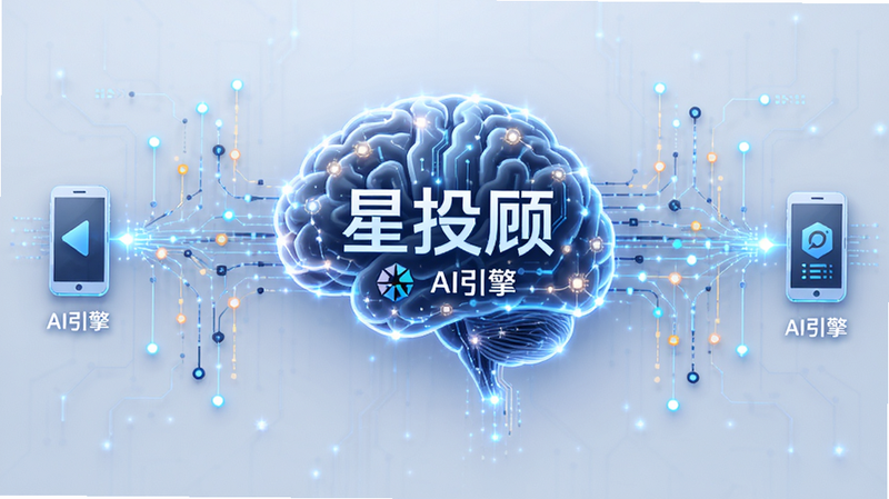 主体为抽象的智能大脑与数据流连接图,布局居中,数据流指向手机图标,排版对称,风格为未来科技风,细节包含发光节点与连接线,画质高清,干净,无多余元素,文字包含