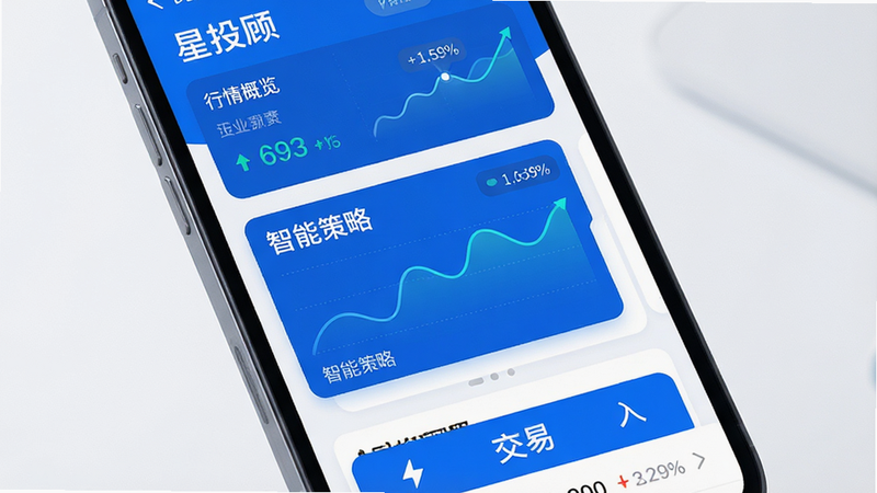 主体为手机屏幕显示星投顾APP界面,布局清晰,顶部为行情概览,中部为智能策略卡片,底部为交易入口,排版简洁现代,风格为科技蓝白色调,细节包含动态曲线图与数据标签,画质高清,干净,无多余元素,文字包含
