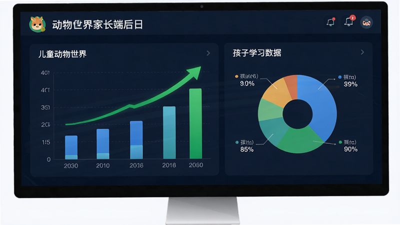 主体:电脑显示器屏幕,显示《儿童动物世界》家长端后台,包含柱状图和饼图,展示孩子学习数据,布局为数据仪表盘,排版专业简洁,风格为商务科技风,细节包含清晰的图表标签和绿色增长趋势线,画质清晰,干净,无多余元素