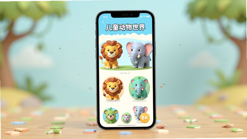 主体:一部智能手机立在桌面上,屏幕显示《儿童动物世界》App界面,界面中有卡通狮子、大象等3D动物形象,布局清爽,色彩鲜艳,风格为扁平化儿童插画风,细节包含可爱的动物图标和柔和的背景色,画质4k,干净,无多余元素