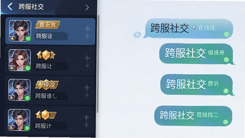 主体为游戏内聊天界面与好友列表,布局为左侧好友头像右侧聊天气泡,排版清晰易读,风格为现代手游UI,细节展示不同等级头衔与在线状态,画质清晰,干净无多余元素,文字‘跨服社交’清晰可见