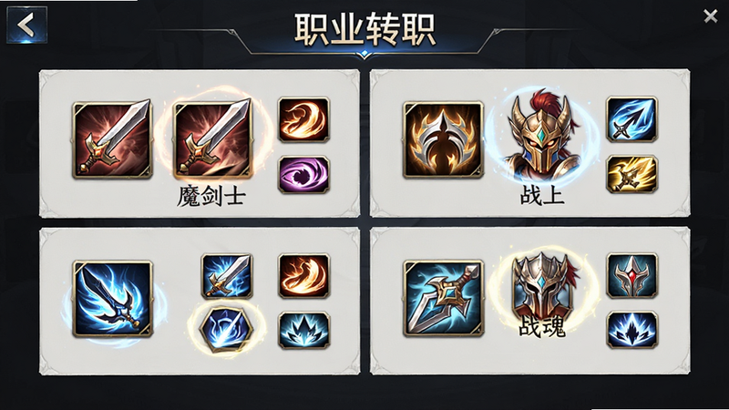 主体为游戏内职业转职选择界面,布局为四宫格显示不同职业图标如‘魔剑士’、‘战魂’,排版整齐对称,风格为游戏UI设计,细节展示每个职业的独特技能图标与特效,画质精致,干净无多余元素,文字‘职业转职’清晰可见