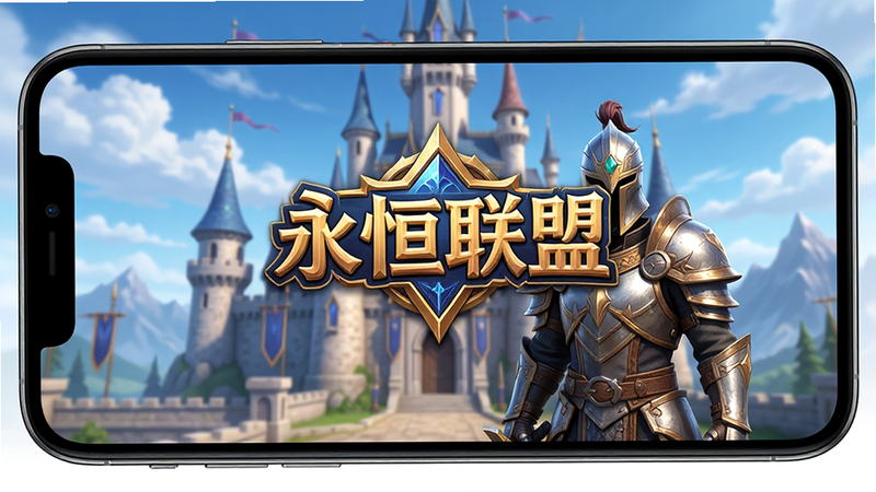 主体为手机屏幕显示‘永恒联盟’游戏主界面,布局清晰展示角色站立于奇幻城堡前,背景为蓝天白云与远处山脉,排版居中突出游戏Logo与角色,风格为3D写实渲染,细节丰富展现盔甲光泽与场景光影,画质高清,干净无多余元素,文字‘永恒联盟’清晰可见