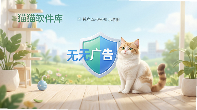 主体为“猫猫软件库”纯净模式示意图,布局为全屏无遮挡状态,排版空旷开阔,风格清新自然,细节包含“无广告”文字标识和盾牌安全图标,画质明亮,干净,无多余元素