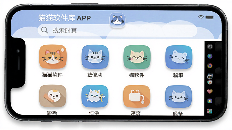 主体为手机屏幕界面,显示“猫猫软件库”APP首页,布局为顶部搜索栏加下方网格状应用图标列表,排版整齐清晰,风格为扁平化UI设计,细节包含柔和的阴影效果和清晰的文字标签,画质高清,干净,无多余元素