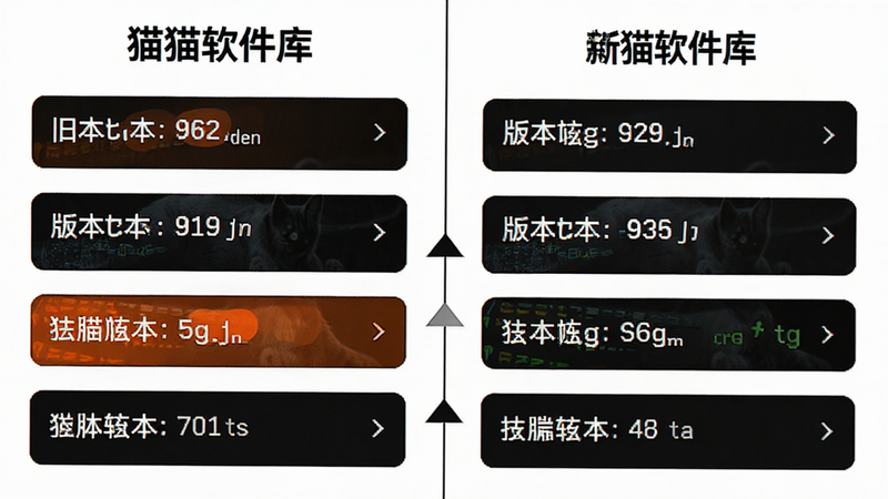 主体为“猫猫软件库”版本管理界面,布局为左右对比视图,左侧显示旧版本信息,右侧显示新版本信息,排版对称,风格极简白底黑字,细节包含版本号差异高亮显示和箭头指引,画质高清,干净,无多余元素