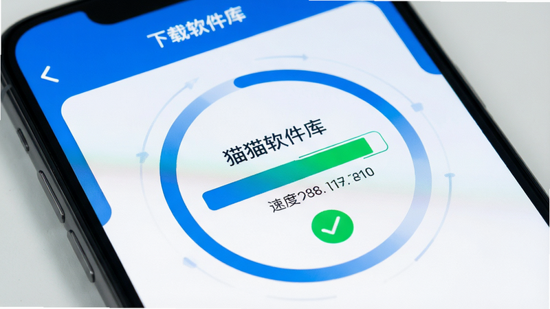 主体为手机界面特写,显示“猫猫软件库”下载进度条瞬间满格,布局聚焦于中央进度环,排版简洁,风格科技感蓝白配色,细节包含速度数值显示和绿色对勾图标,画质清晰,干净,无多余元素