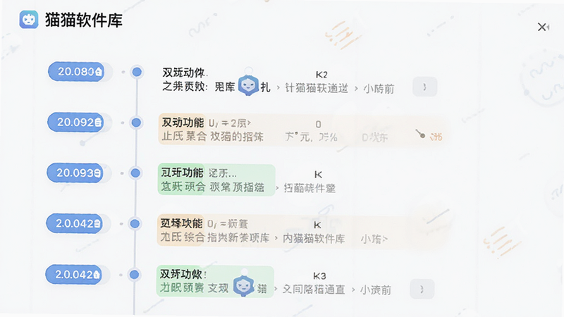 主体为“猫猫软件库”更新日志界面,布局为时间轴列表,排版纵向排列,风格简洁现代,细节包含版本号标签和新功能高亮显示,画质高清,干净,无多余元素