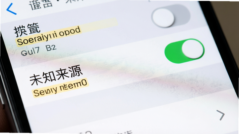 主体为手机设置界面特写,显示“未知来源”开关状态,布局聚焦于设置项列表,排版清晰,风格系统原生UI,细节包含开关滑块和高亮提示文字,画质清晰,干净,无多余元素