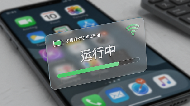 主体为“多用自动连点点击器”的后台运行示意图,布局为全景视角,背景为模糊的手机桌面,前景是一个悬浮的半透明卡片,显示“运行中”状态和进度条,风格为写实摄影与3D结合,细节处有电池电量图标和Wi-Fi信号,画质8K,清晰锐利,无杂乱背景