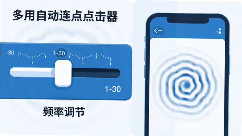 主体为“多用自动连点点击器”的功能演示图,布局分为左右两部分,左侧显示一个巨大的滑块控制器,标注“频率调节”,右侧展示手机屏幕上的点击涟漪效果,风格为扁平化插画,色彩以蓝白为主,细节处有清晰的刻度尺和数字“1-30”,画质高清,干净